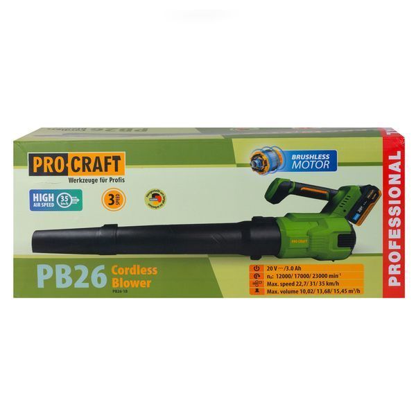 Аккумуляторная воздуходувка Procraft PB26 1 АКБ 3 А/ч и зарядка, 3 режима, до 35 км/ч PB26 1АКБ 3Аг фото