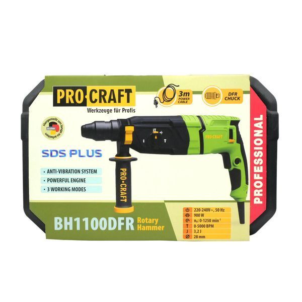 Перфоратор Procraft BH1100DFR 900 Вт, 3,2 Дж, SDS-Plus, 1250 об/хв, кейс і додатковий патрон BH1100DFR фото