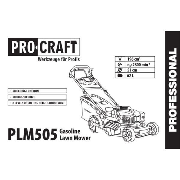 Самоходная бензиновая газонокосилка Procraft PLM505 196 см&sup3; 7 уровней высоты 25&ndash;75 мм мульчирование PLM505 фото