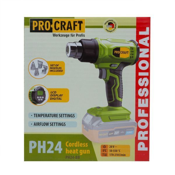 Аккумуляторный фен Procraft PH24 20 В, 50&ndash;550 &deg;C, 170&ndash;210 л/мин, 4 насадки, без АКБ и ЗП PH24 фото