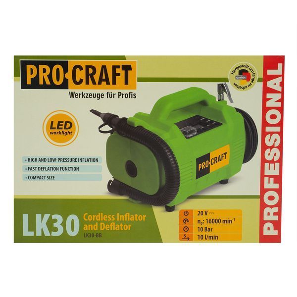 Насос-компрессор и дефлятор Procraft LK30 20 В, 10 бар, аккумуляторный насос и дефлятор, 3 насадки, без АКБ LK30 фото